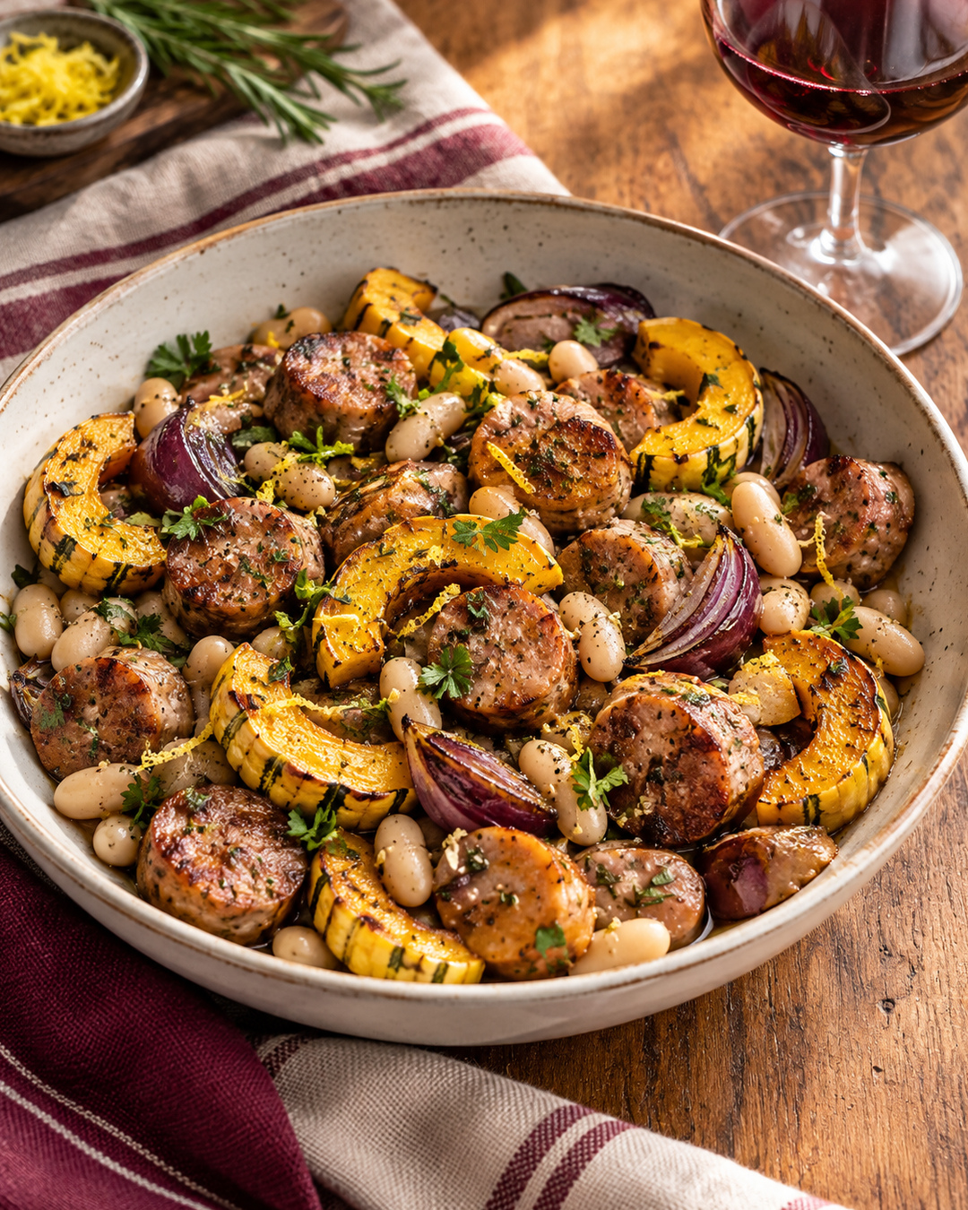 AI-generated serving suggestion of roasted sausage, delicata squash, white beans, and red onion with parsley.