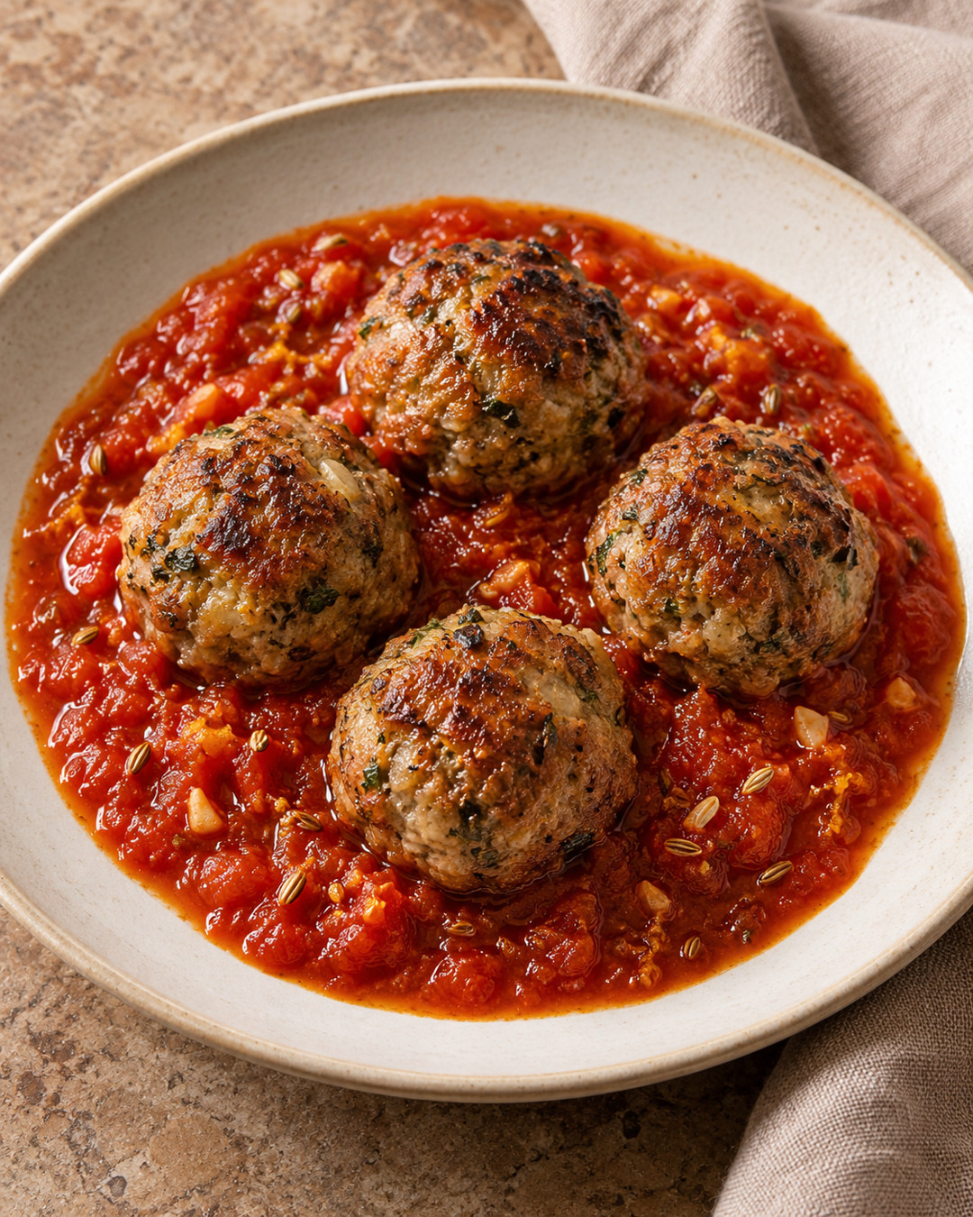AI-generated serving suggestion of four rosemary lamb meatballs in orange-fennel tomato sauce.