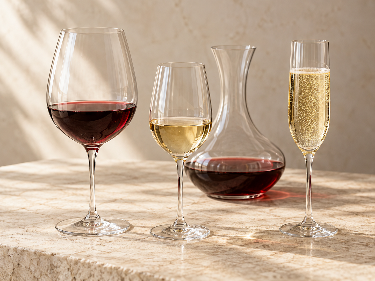 Realistic still life of a Bordeaux glass, white-wine glass, champagne flute, and wine carafe in warm light
